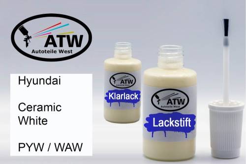 Hyundai, Ceramic White, PYW / WAW: 20ml Lackstift + 20ml Klarlack - Set, von ATW Autoteile West.